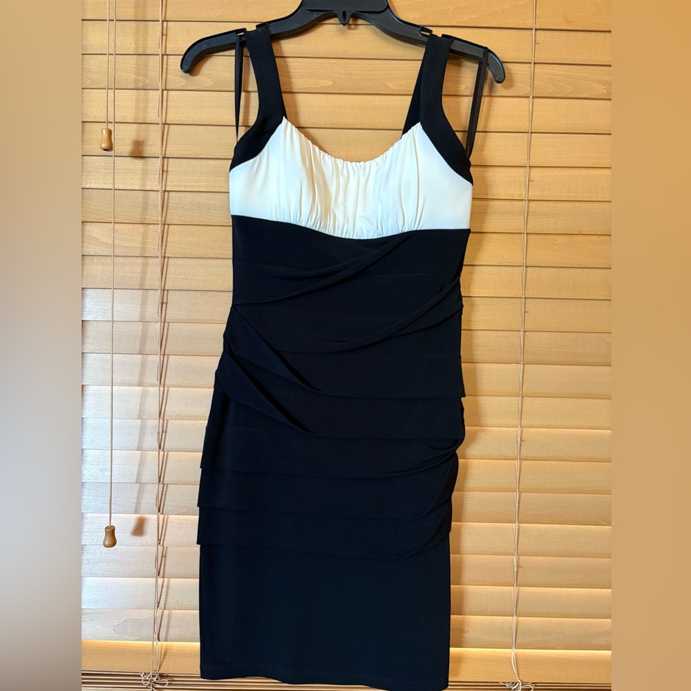 Intermission NWOT cocktail Black and White Sheath Mini Dress with Scoop Neck.